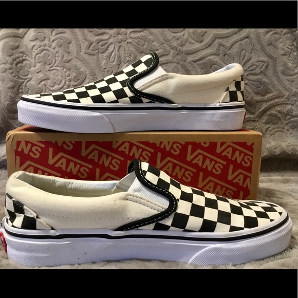 cream checkered slip on vans